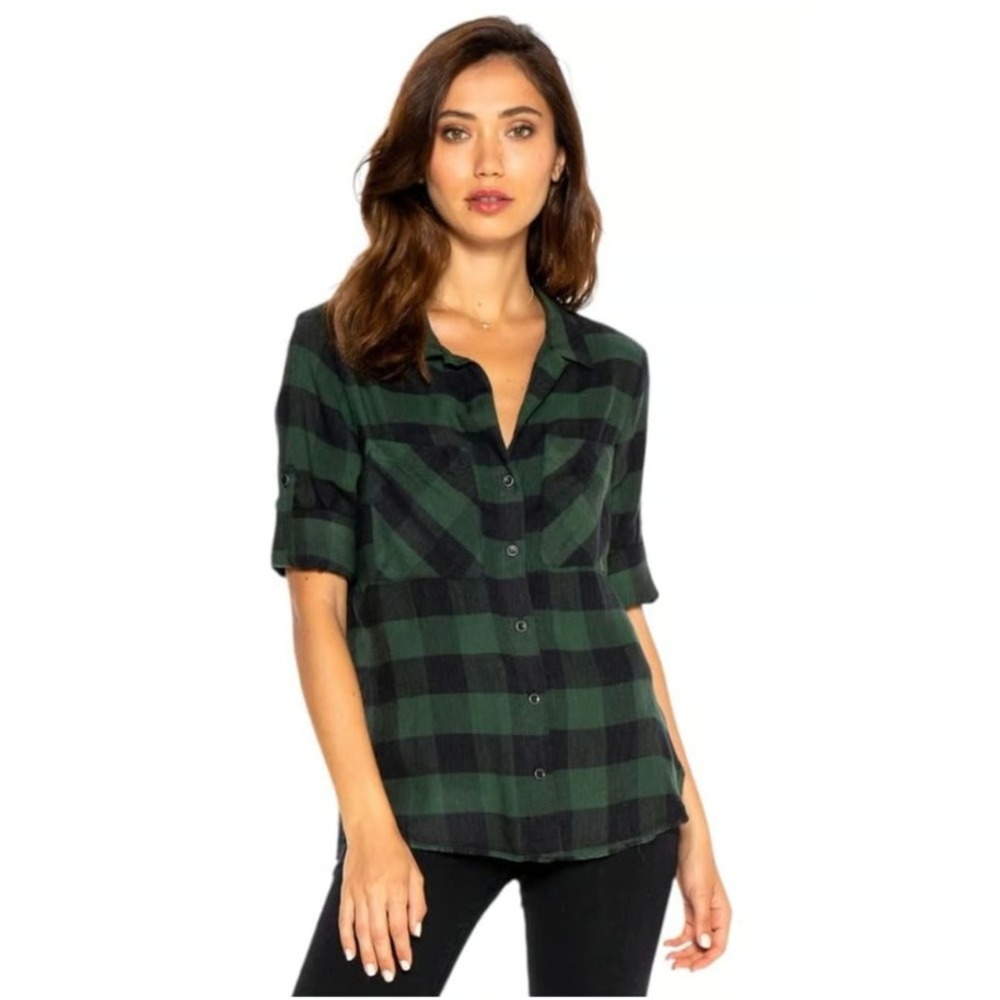 Bella Dahl Shirt Womens Small Green Black Plaid Button Down Frayed Hem B2231-253